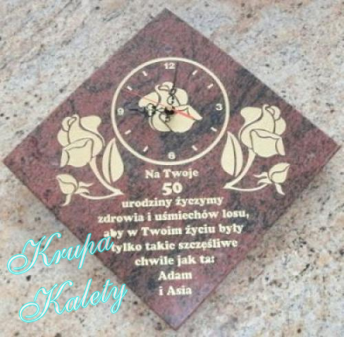 Zegar granitowy. Piaskowane róże i życzenia.