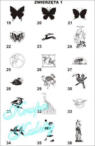 Wzory - zwierzęta do piaskowania na szkle lub naklejki.